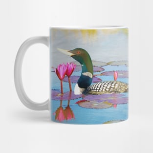 Yellow Billed Loon and Pink Lotus Flowers Mug